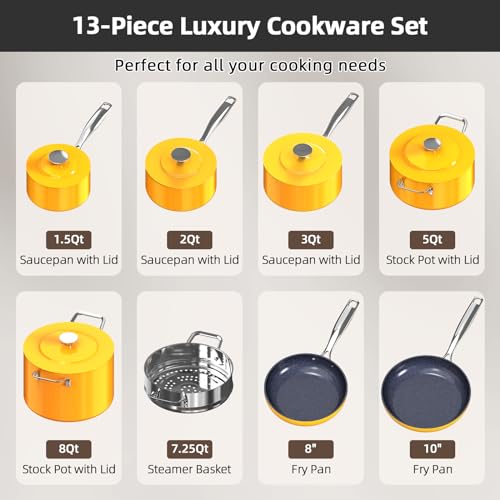 Lux 13pc Forged Lightweight Nonstick Ceramic Cookware Set (Goldenrod)