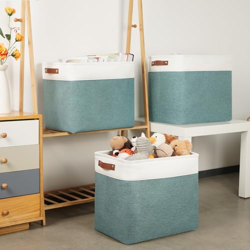 Large Rectangular Baskets for Blankets 51L Canvas Storage Baskets for Organizing 3 Pack Collapsible Baskets Bins for Organizing Home Office with Handles (White&Dark Green / XXL-17"x12"x15")