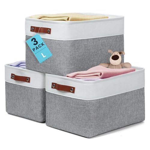 15x11in Canvas Storage Baskets 3 Pack (Gray / Off-White / Large - 3pc)