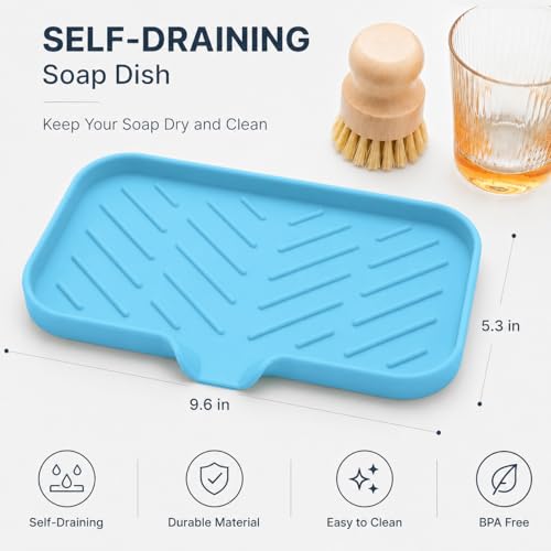 Silicone Soap Dish with Drain Spout (Light Blue / M(9.6"×5.3"))