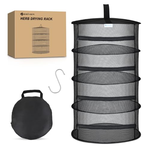 4 Layer Herb Drying Rack Hanging Mesh Net Foldable Plant Drying Racks 18" Diameter with Black Zipper & Hook Dryer Hanging Rack for Herbs Seed Bud Fruit Clothes Grow Tent Closets Garden Outdoor