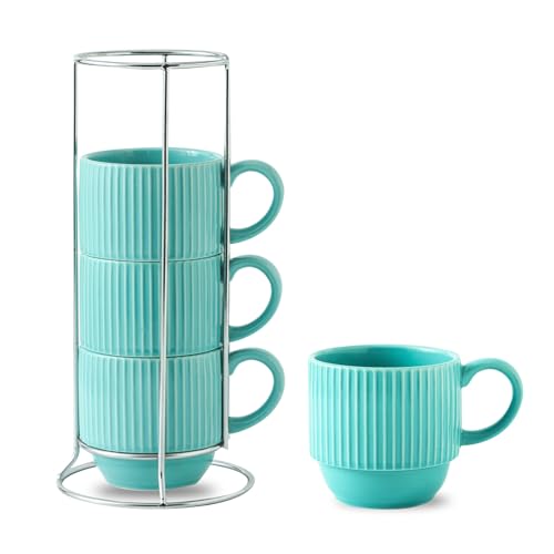 Coffee Mug 12 oz Set of 4 with Rack (Teal / 12 Ounces)