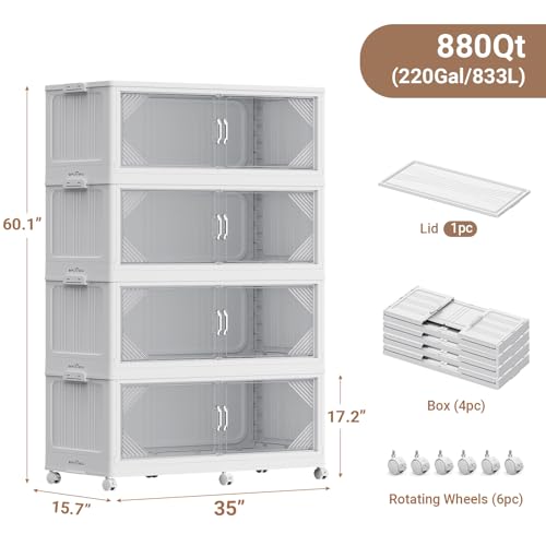 V60 880QT Plastic Stackable Storage Bins with Lid (White / 220QT-4Pack)