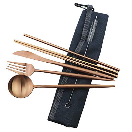 Reusable Travel Utensils (Blue Pouch / Rose Gold)
