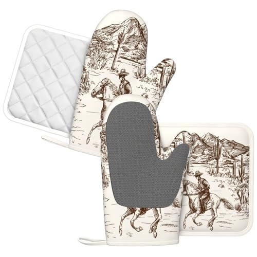 Western Cowboy Oven Mitts and Pot Holders 4 pcs Set Silicone West Cowboy Riding Horse in Desert Kitchen Oven Mitt Gloves Cowboy Pot Holders Non (Beige)