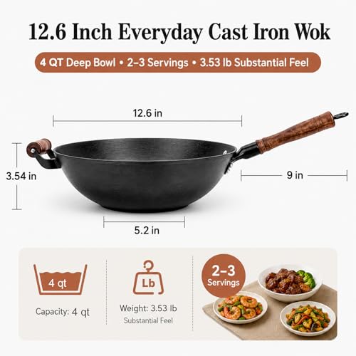 12.6 Inch Cast Iron Wok with Wooden Lid (12.6 Inch)