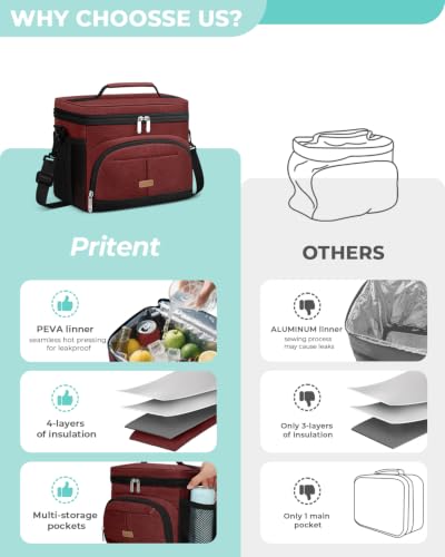 Lunch Box for Men Women Insulated Lunch Tote Cooler Bag Lunchbox (Wine / Large)