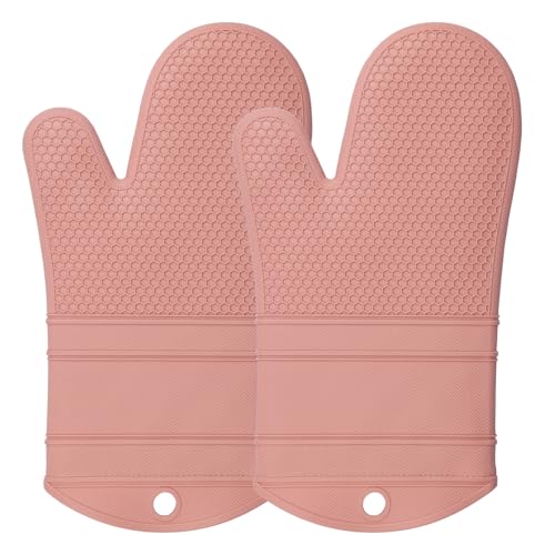 Silicone Oven Mitts Kitchen Potholder Set (2PCS-13"L x 7"W/PINK-HONEYCOMB SURFACE)