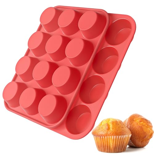 2Pack Silicone Muffin Pans with Metal Reinforced Frame (2Pack Red)