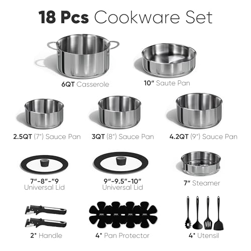 18pcs Tri Ply Stainless Steel Cookware Set with Detachable Handle (18 PCS)