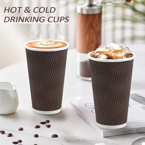 90 Pack 16 oz Disposable Paper Coffee Cups Insulated Brown (Brown / 16 oz)
