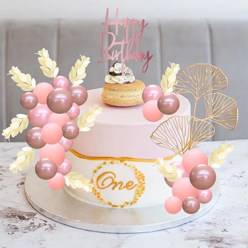 57Pcs Balls Cake Topper Boho Grass Cake topper Pearl Balls Acrylic Happy Birthday Cake Decorations for Wedding Baby Shower Birthday Boho Themed Party Supplies Rose Gold Pink (Rose Gold Pink)