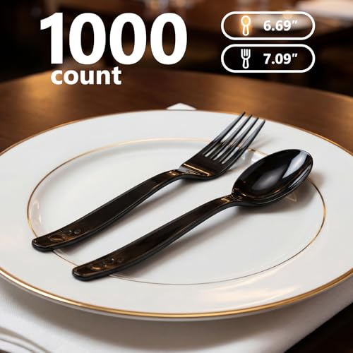 1000 Count Black Plastic Silverware Heavy Duty (Black Spoons+Forks)