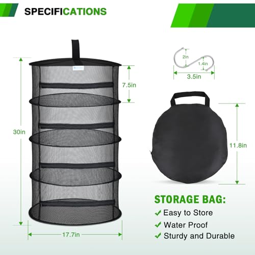 4 Layer Herb Drying Rack Hanging Mesh Net Foldable Plant Drying Racks 18" Diameter with Black Zipper & Hook Dryer Hanging Rack for Herbs Seed Bud Fruit Clothes Grow Tent Closets Garden Outdoor