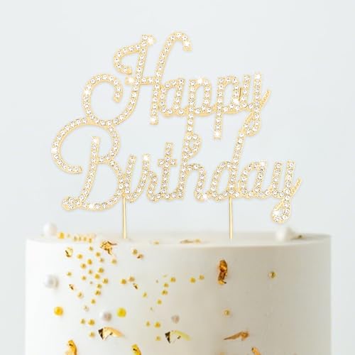 Gold Happy Birthday Cake Topper Metal Rhinestones Birthday Cake Decorations for Women (happy birthday)