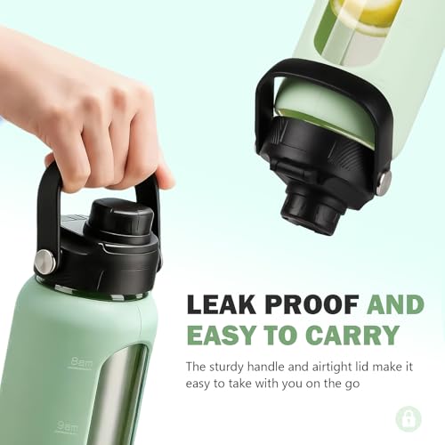 32 oz Glass Water Bottle with Straw and 2 Lids (Light Green / 32 Ounces)