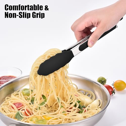 Kitchen Tongs with Silicone Tips for Cooking Serving (9in / Black)