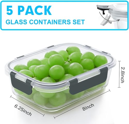5 PACK 36 OZ Glass Meal Prep Containers Set with Lids (5 Count)