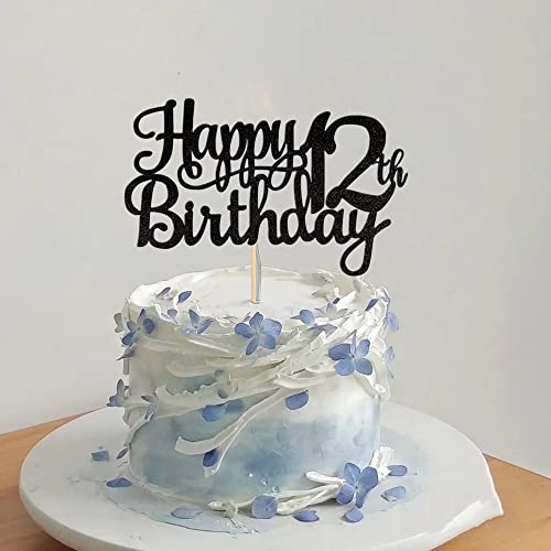 1 PCS Happy 12th Birthday Cake Topper Glitter Cheers to 12 Years Birthday Cake Pick 12 Fabulous Cake Decoration for Happy 13th Birthday Theme Party Decorations Supplies Black (Black / 12th)