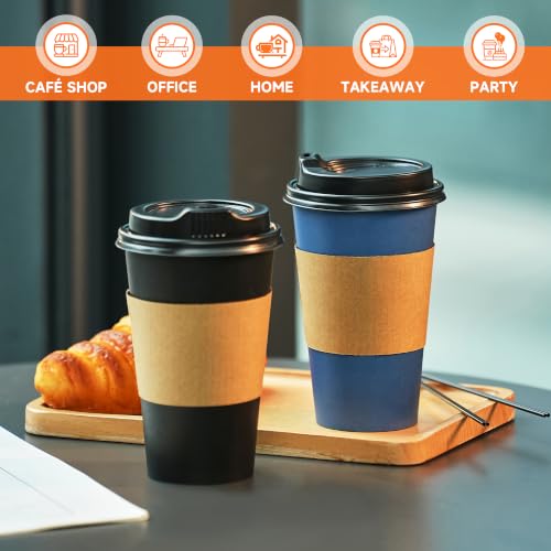 100 Pack 16 oz Disposable Coffee Cups with Lids and Sleeves (Black/Blue / 16oz)