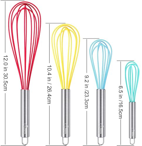 4 Pieces Silicone Whisks Set (Red,Yellow,Blue,Aqua Sky)