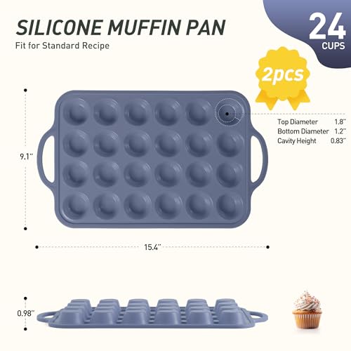 2 Packs 24 Cups Silicone Muffin Pan with Metal Reinforced Frame Mini Size Cupcake Pan Tray Egg Bites Silicone Circle Cookie Molds Muffin Tin Tart Pans Baking Sheet Set for Breakfast Sandwiches (Mini / Morandi Pink & Morandi Blue)