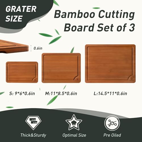 3 Packs Bamboo Cutting Board Set with Non Slip Feet and Over Sink Nice Solid Thick Wood Juice Groove Chopping Board Extra Large Big Small Best Hardwood Counter Organic Vegetable Kitchen Gadgets (3 Pack / Brown)