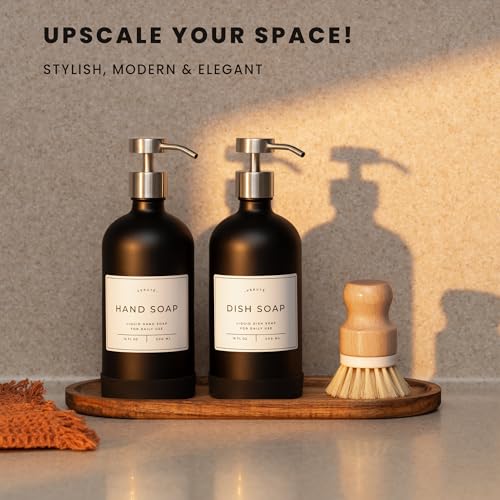 Hand and Dish Soap Dispenser for Kitchen and Bathroom (Matte Black Bottle / Brushed Silver Pump)