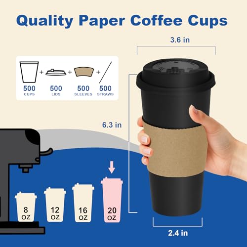 20 oz 500 Pack Coffee Cups with Lids and Sleeves (Black-500packs / 20 oz)