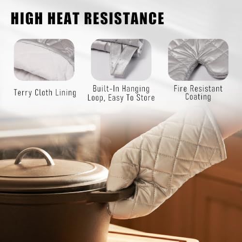 Silver 13" Quilted Oven Mitts Set of 2 Heat Resistant for Kitchen Grill (Silver / 13 inch)