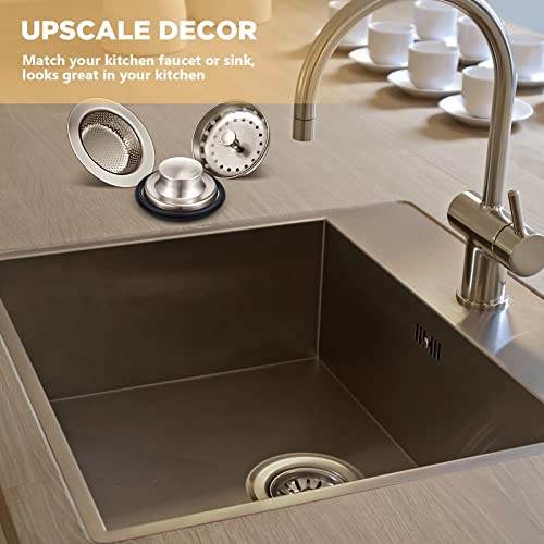 3 Pcs Kitchen Sink Drain Strainer and Stopper Stainless Steel Garbage Disposal Plug with Handle Universal Anti (Brushed Silver)