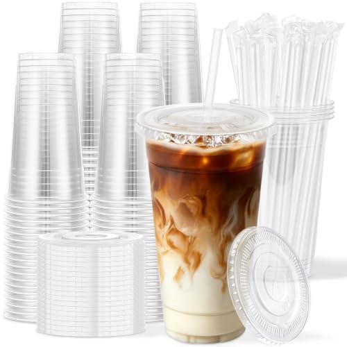 50 Pack 24 oz Clear Plastic Cups with Lids and Straws Disposable (Clear / 24 oz)