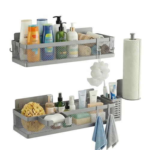 5-in-1 16.5" Extra Long Slim Wall Mount Wrapped Mesh Kitchen Organizer & Shower Caddy Kit, with Paper Towel Holder, Utensil Holder, Soap Dish, Holds 50LBS - Silver Gray, Netting (Silver Grey / 5-in-1 Full Mesh (16.5" Extra Long))