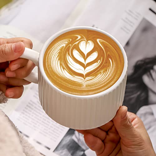 15 oz Ribbed Stackable Coffee Mug Set of 4 (White / 15 Ounces)