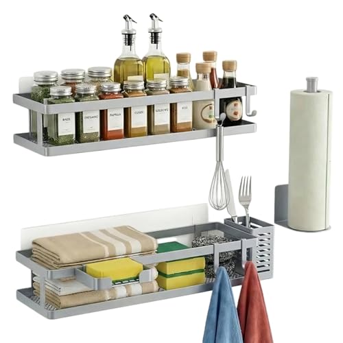 5-in-1 16.5" Extra Long Kitchen Organizer & Shower Caddy Set, Wall Mount Spice Rack with Paper Towel Holder, Utensil Holder & Soap Dish, Rustproof Mesh - Silver Gray, Guardrail (Silver Grey / 5-in-1 Minimalist (16.5" Extra Long))