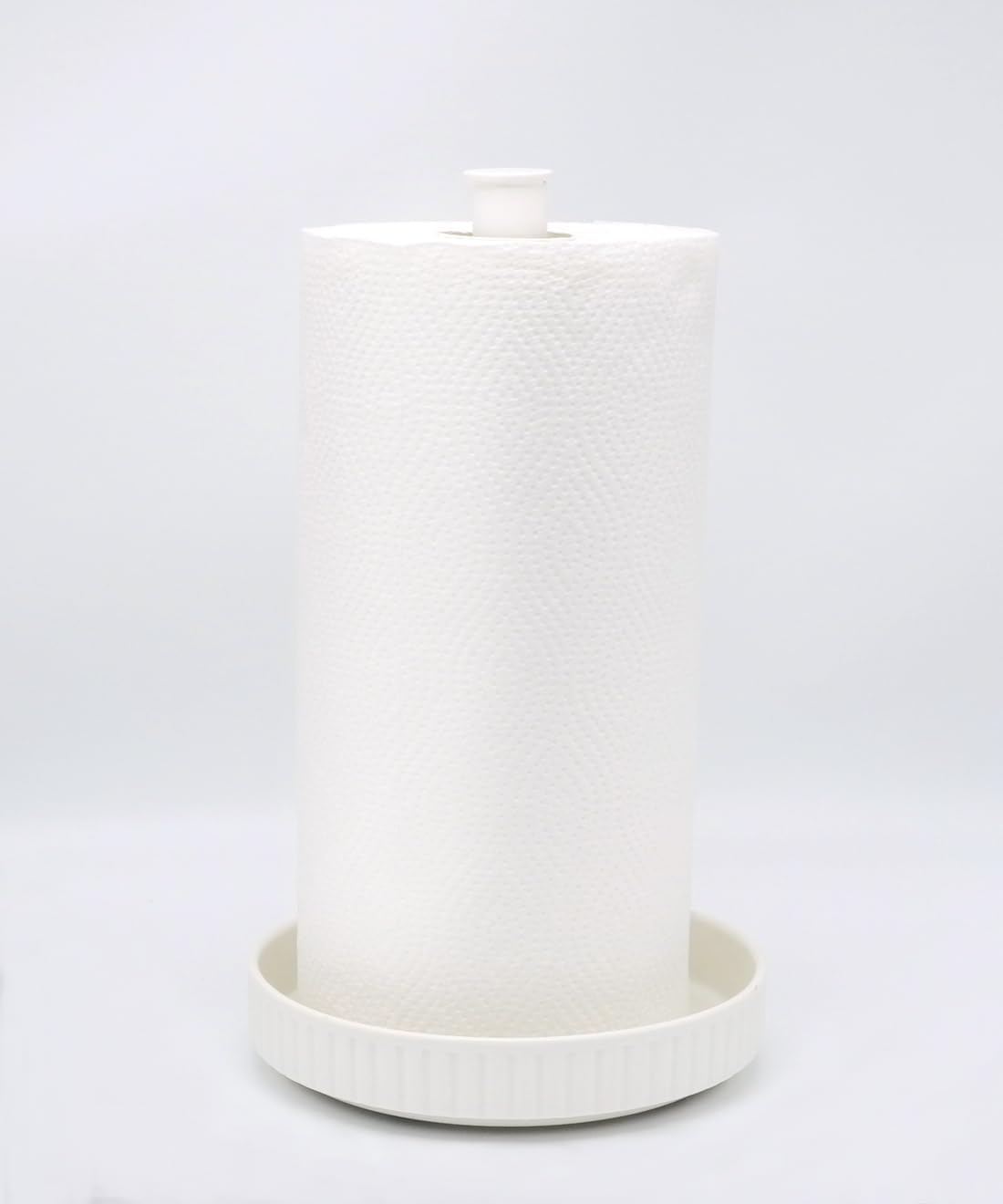 VROOMIUM Paper Towel Holder Countertop, Ceramic Base Easy-to-Clean, 1.5 lbs, 7" B x 12.5" H, Stable Elegant and Durable Kitchen Roll Stand, Chic White