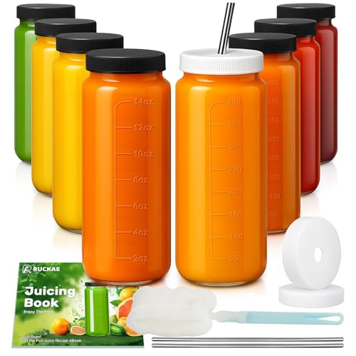 8pack 16oz Glass Juice Bottles with Lids & Straws & Juicing Recipe (Transparent / 16oz-8pack)