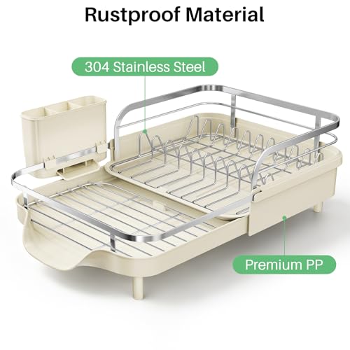 Expandable Dish Drying Rack for Kitchen Counter (Beige)