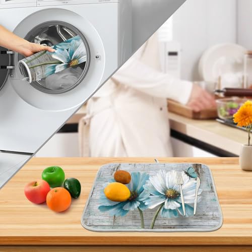 Rustic Teal White Daisy on Vintage Wooden Dish Drying Mat for Kitchen Counter Absorbent Microfiber Large Drying Pad Dish Mats for Kitchen Countertops 18 x 24 Inch (24" x 18")