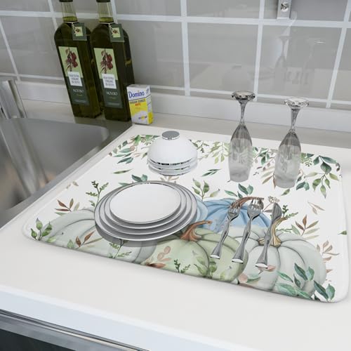 Fall Blue Pumpkin Dish Drying Mat Autumn Harvest Dishes Pad 18"x24" Microfiber Quick Dry Dish Drainer Rack Mats Kitchen Counter Accessories (Blue Pumpkin Leaf / 18x24 inch)