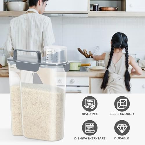 Airtight 10 Lbs Rice Storage Container Pet Dog Cat Food Holder 5 Lbs (Grey-10L)