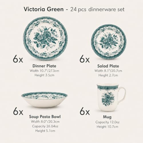Royal 24 Piece Porcelain Dinnerware Set for 6 (24 / VICTORIA Green)