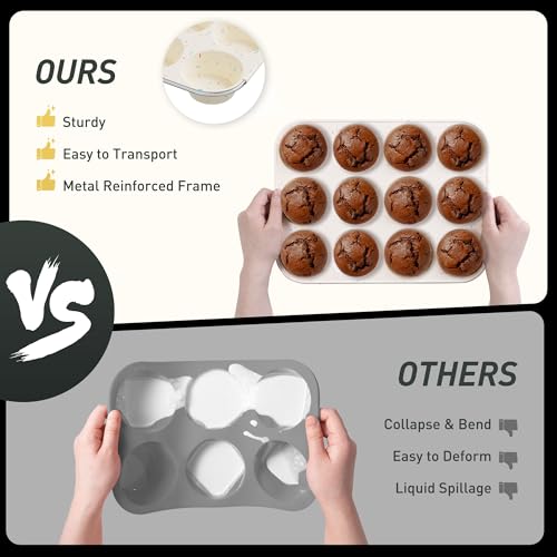 2 Pack 12 Cups Silicone Muffin Pan with Metal Reinforced Frame Regular Size Silicone Molds Cupcake Cake Baking Pans Cookie Baking Chocoflan Cupcake Mold Not Stainless Steel Ceramic Aluminum (2pc: 12-Cup Regular / Black and Cream)