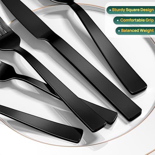60 Pieces Black Silverware Set (60Pcs Black Modern Handles)