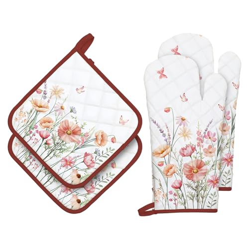 Pink Floral Oven Mitts and Pot Holders Sets 4Pcs (Pink Floral / Oven Mitt x2 & Pot Holder x2)