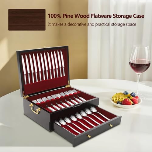 Wooden Silverware Storage Box 2 Layers Silverware Chest Case with Drawer with Handle Lid Flatware Organizer for Kitchen Dining Room