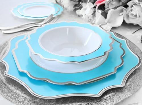 OCCASIONS Disposable Plastic Plates for 40 Guests (320 Piece (40 Guest) / D. Imperial Blue & Silver)