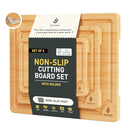 Bamboo Cutting Board Set Non Slip Feet with Holder Over Sink Kitchen Gadgets Charcuterie & Chopping Board Apartment Essentials New Home Must Haves Things Stuff Accessories House Housewarming Gifts (3 Pack / Natural)