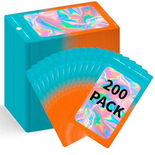 200 Pack Resealable Mylar Holographic Bags Food Storage Smell Proof Bags with Front Window Foil Packaging Pouch for Candy Sample Jewelry Small Business 4.13×5.91 Inch (200 Count)