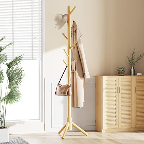 Solid Wooden Coat Rack Freestanding with 8 Hooks (Wood)